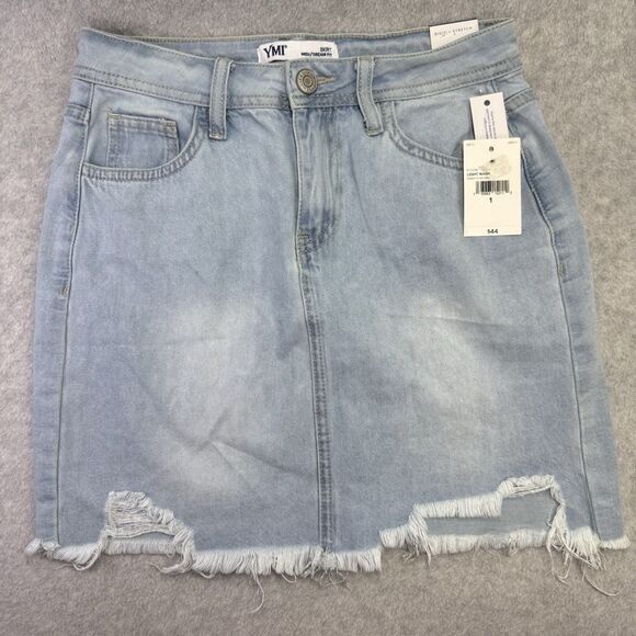 YMI Dream Fit Denim Mini Skirt 1/25 Blue Raw Hem Distressed Jean Pockets Stretch - Picture 1 of 12